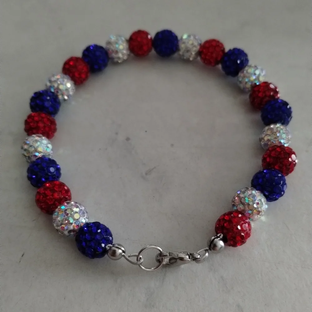 Handmade Red, White & Blue Rhinestone Beaded Bracelet